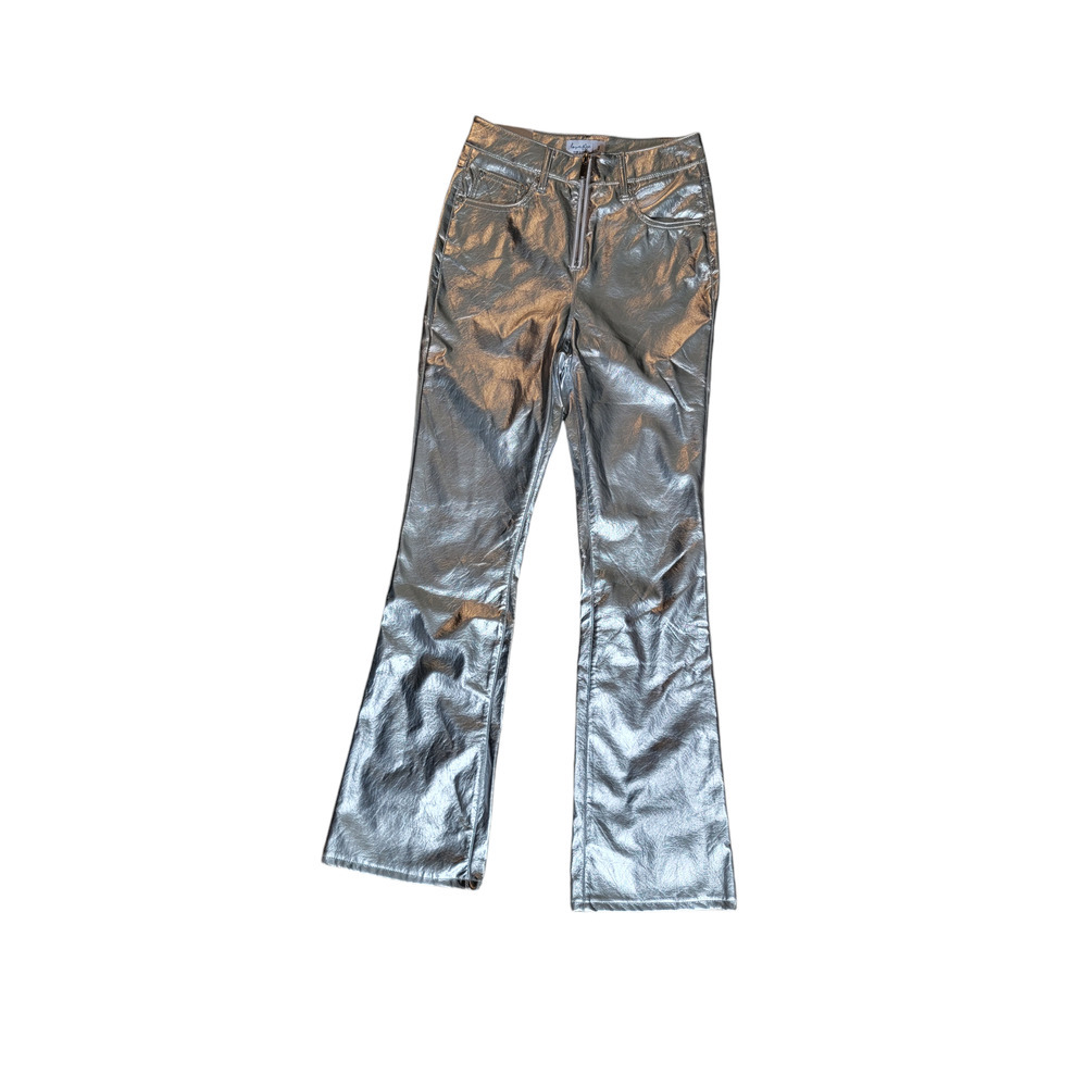 NWT Love Fire Faux Leather Silver Metallic High Rise‎ Zipper Flare Pants Size 3